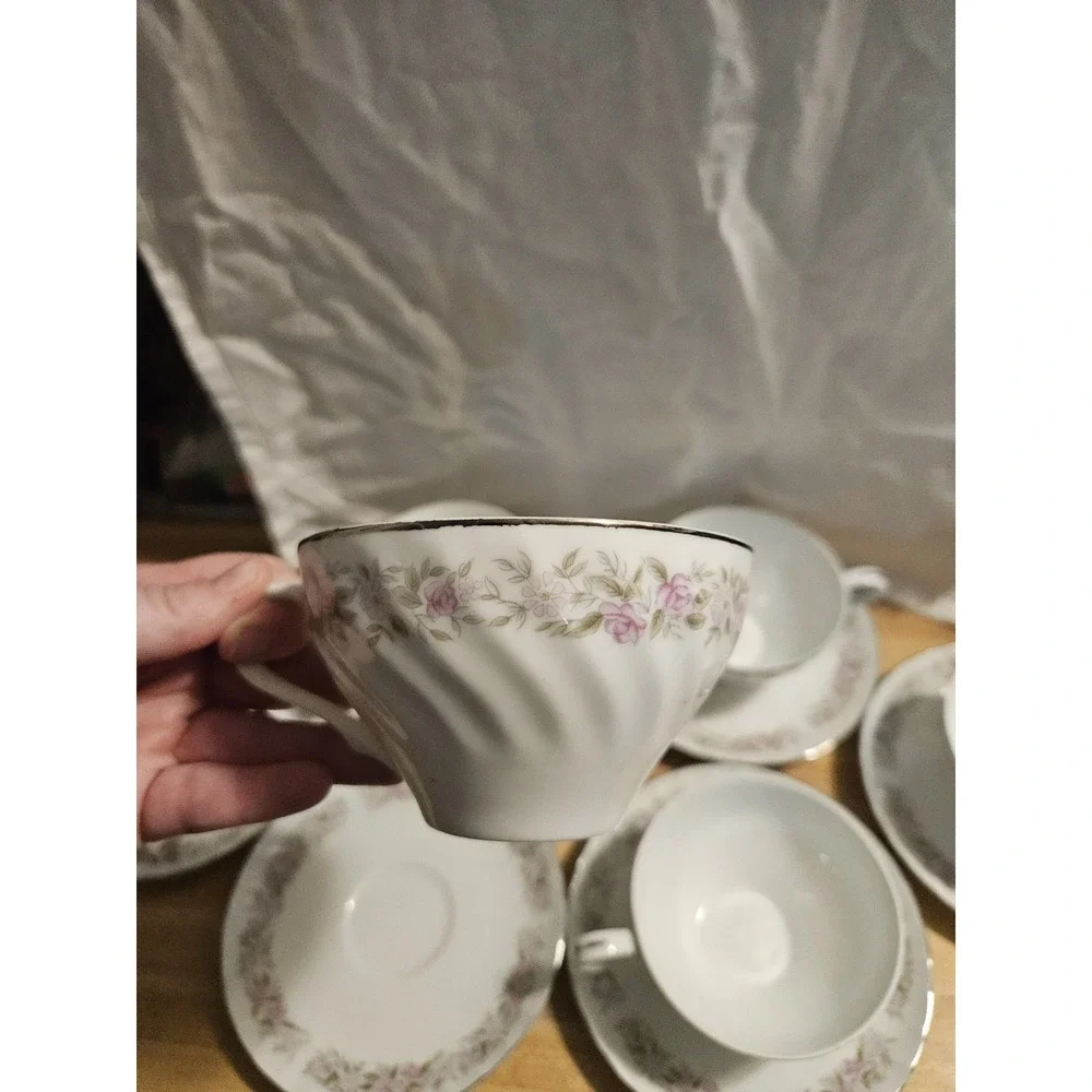 Vintage Teahouse Rose Dansico Fine China, (set of 6) Cup & Saucers, Pink Floral